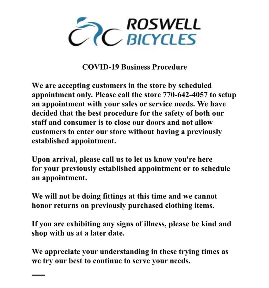 An update from management at Roswell Bicycles. We hope for you to continue to shop with us in these uncertain times, and we appreciate your understanding. We are committed to providing legendary bike retail service for you, as always! #cycling #openforbusiness #essentialbikeshops