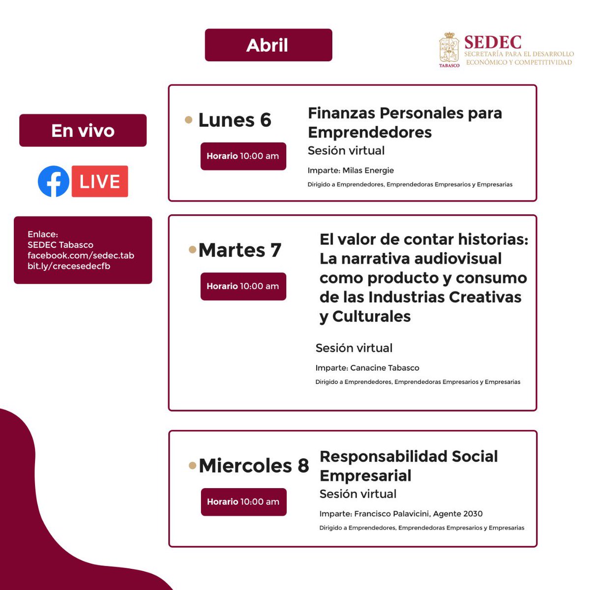 SEDEC_Tab's tweet photo. #SEDEC invita a emprendedores, emprendedoras, empresarios y empresarias a impulsar su negocio desde casa con la agenda de sesiones en línea para desarrollar habilidades y obtener nuevas herramientas para emprender e innovar.
Participa y haz crecer tu negocio o emprendimiento. https://t.co/zfiIDeDVm1