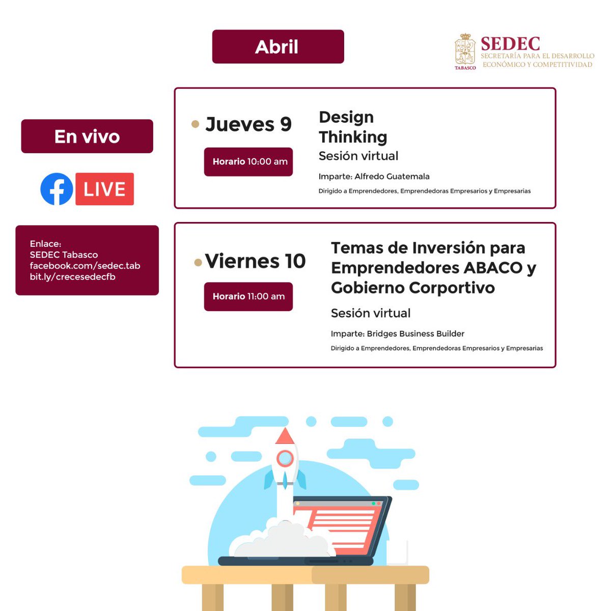 SEDEC_Tab's tweet photo. #SEDEC invita a emprendedores, emprendedoras, empresarios y empresarias a impulsar su negocio desde casa con la agenda de sesiones en línea para desarrollar habilidades y obtener nuevas herramientas para emprender e innovar.
Participa y haz crecer tu negocio o emprendimiento. https://t.co/zfiIDeDVm1