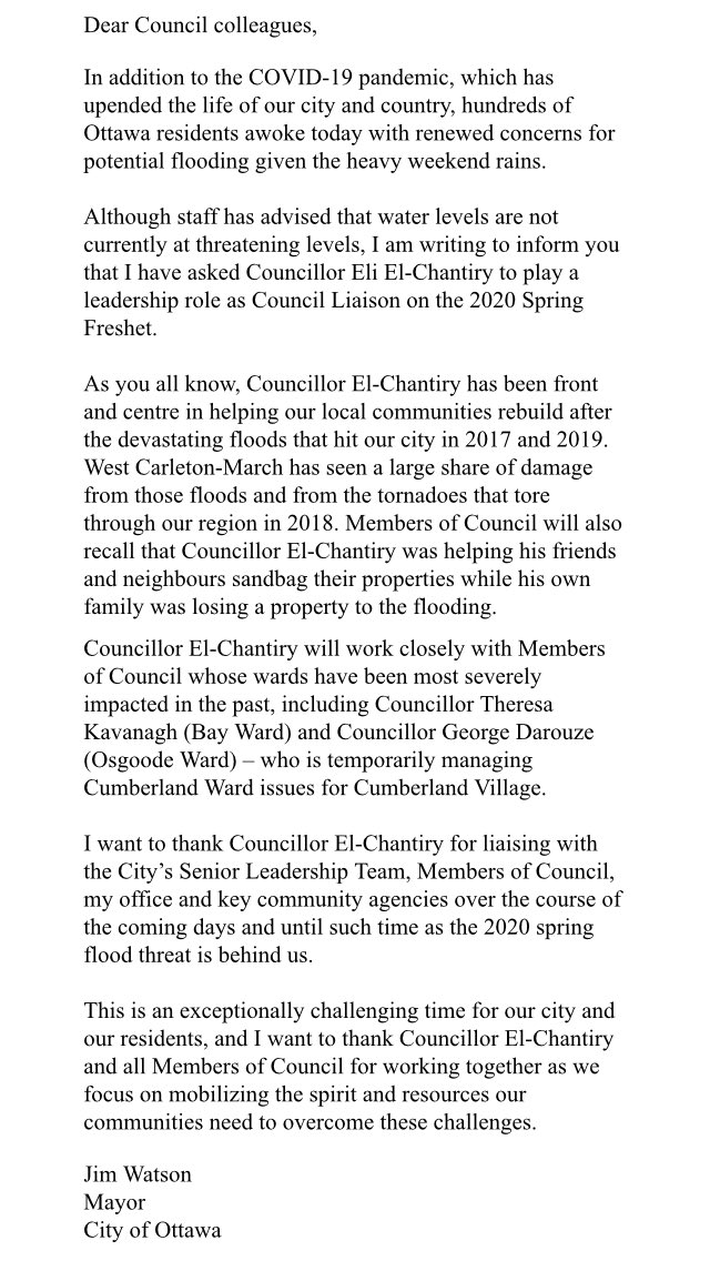 Eli_ElChantiry's tweet image. Thank you @JimWatsonOttawa for appointing me as Council Liaison on the 2020 Spring Freshet. I'm happy to help where I can - and I'm looking forward to working closely with @tm_kavanagh and @GeorgeDarouze &amp;amp; all council colleagues. #ottawa #ottnews #Ward5Ott