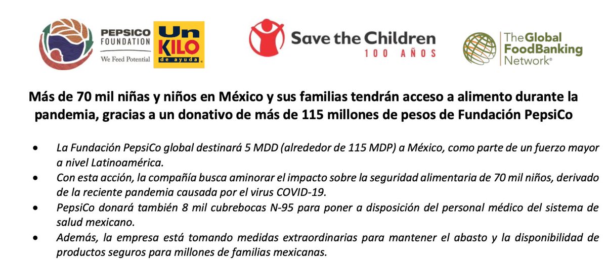 ValeriaMoy's tweet photo. La fundación PepsiCo donará 5 millones de dólares a México para ayudar a 70 mil niños durante la pandemia. Tmb donará 8 mil cubrebocas N-95 para personal médico. Bien ahí. 👏🏼 https://t.co/YZpGqS7Ov7