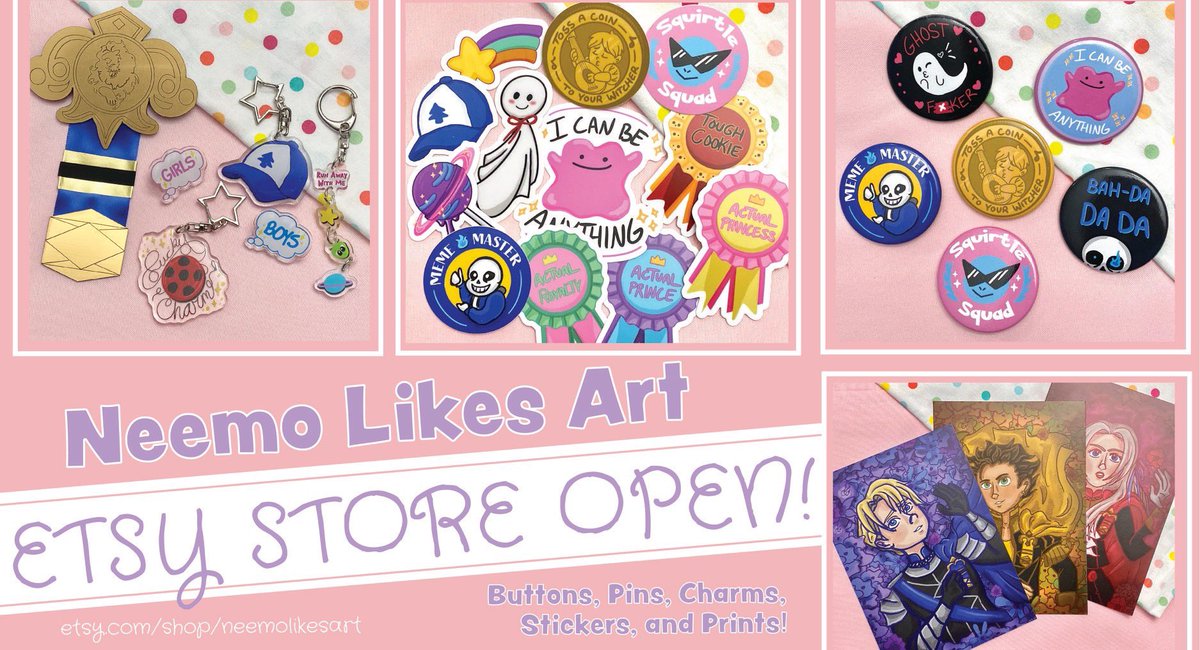 [RT❤️]

My Etsy shop is open! And it’s full of charms, buttons, stickers, pins and prints! Check it out! 😊

Etsy.com/shop/NeemoLike…

#fanart #artistalley #virtualartistalley #etsyshop #stickers #charms #forsale #buttons