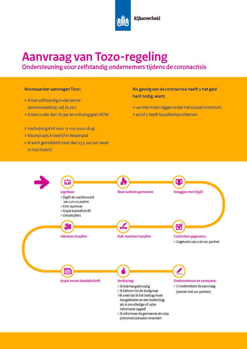 De Tijdelijke Overbruggingsregeling Zelfstandige Ondernemers (Tozo) helpt zelfstandige ondernemers tijdens de #coronacrisis. Bekijk hier of de regeling voor jou van toepassing is en wat je kan doen om aanspraak te maken op deze regeling?

rijksoverheid.nl/onderwerpen/co…