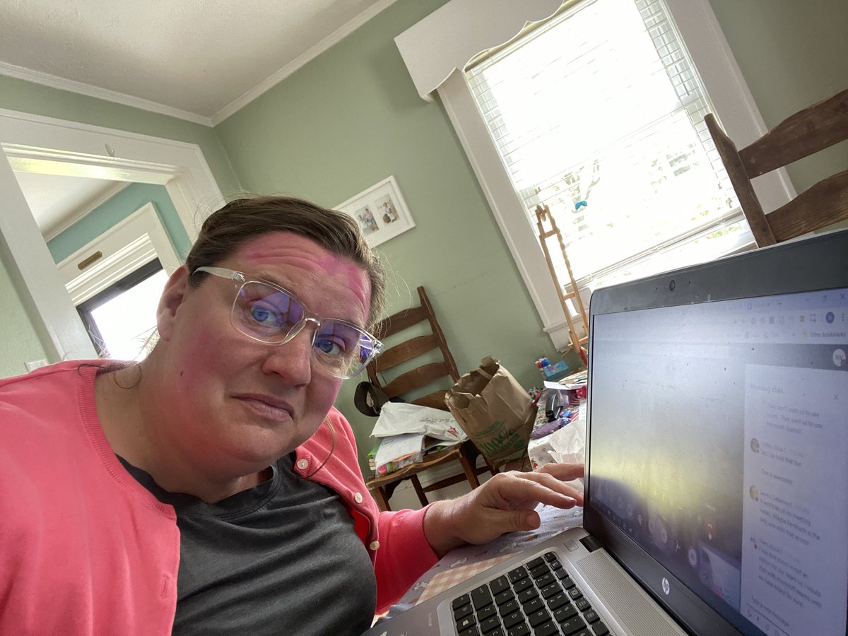 fandemama's tweet photo. E-teaching and being a mom is not for the faint of heart. My makeup was done by Eleanor. I’m a Queen with pink bangs. @MooreMagnetES @smgaillard https://t.co/kN3GOS2Hbs