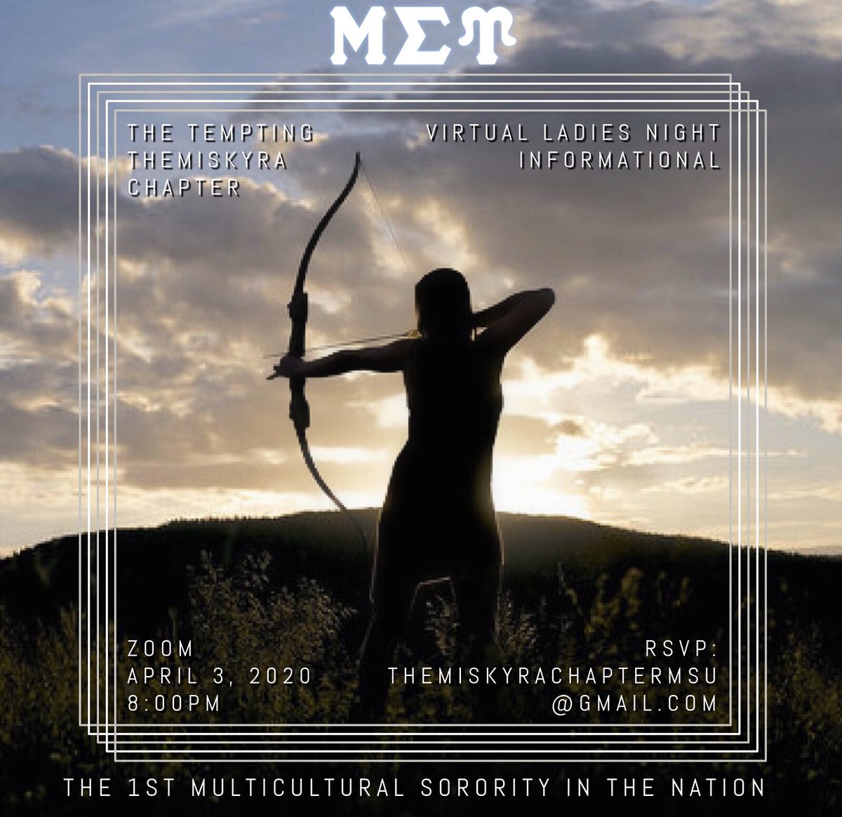 Themi_MSU's tweet photo. Inviting all interested undergraduate women to our second Ladies Night Informational of the semester 💙✨ on April 3, 2020 at 8PM via Zoom. If you would like to learn more about the FIRST Multicultural Sorority in the nation please rsvp: Themiskyrachaptermsu@gmail.com https://t.co/J7vDXxxZ6m