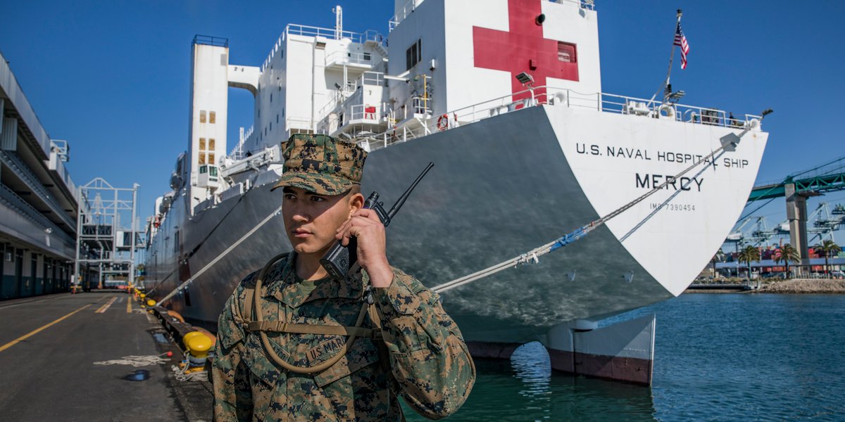 Force in Readiness

Pfc. Arnoldo RomeroVelazco, <a href="/1st_Marine_Div/">1st Marine Division</a>, posts security to secure the @usnavy’s #USNSMercy in Los Angeles. The hospital ship deployed in support of the nation’s #COVID19 response efforts, serving as a referral hospital for non-COVID-19 patients.