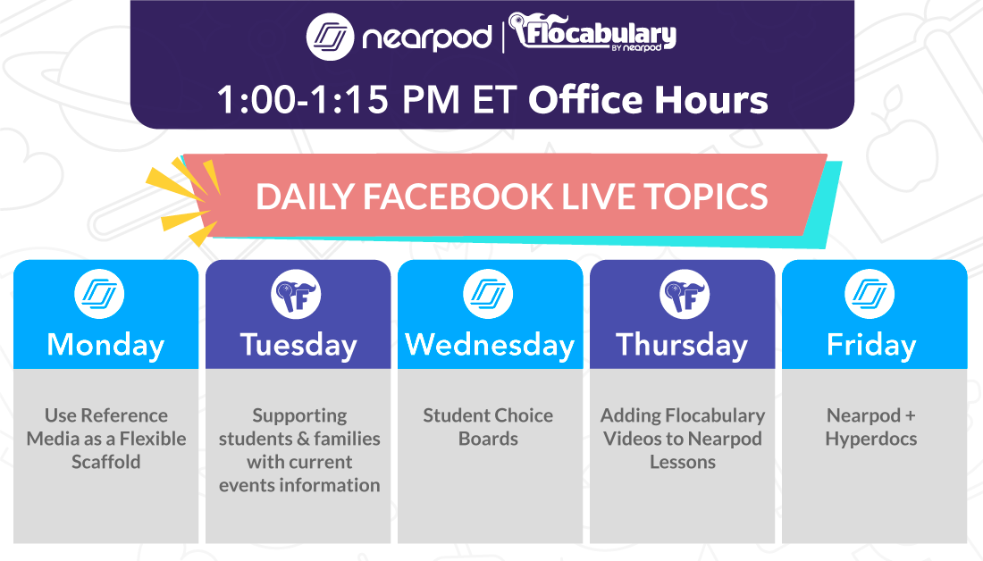 nearpod's tweet image. 💙 💜 Nearpod + @Flocabulary are having daily Facebook lives about #RemoteLearning! 💙 💜

📆 ⏰ Want to tune into our office hours? Join us every week day at 1:00pm ET! 

👉 Head over to our Facebook page: bit.ly/3afBEeH

#OnlineLearning #DistanceLearning