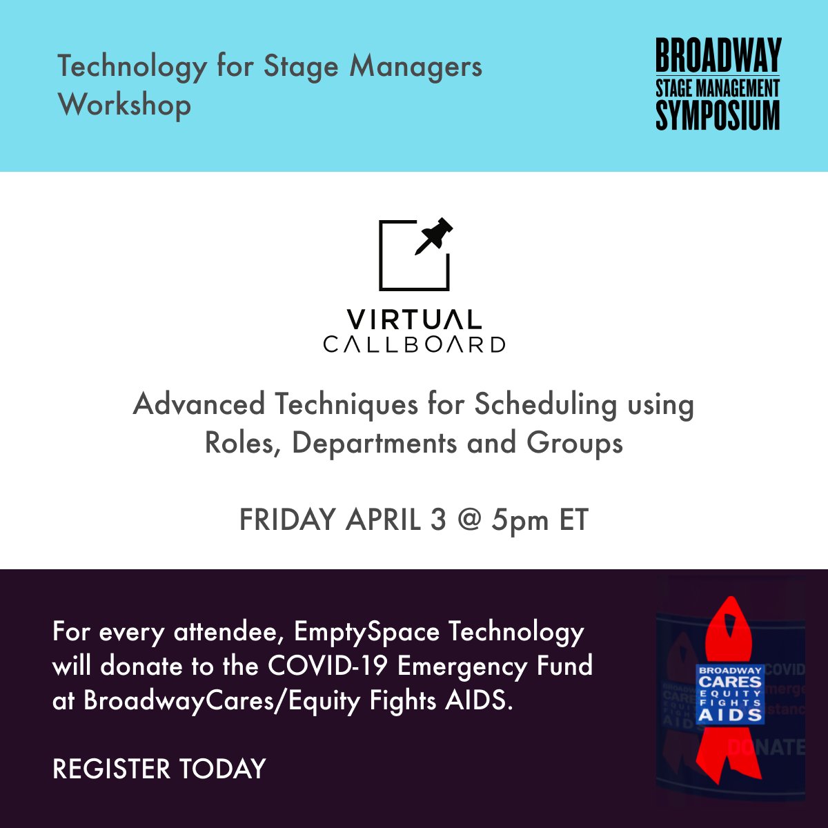 EmptySpaceTech's tweet photo. We are proud to be partnering with @BroadwaySym to present a workshop THIS FRIDAY, April 3 at 5pm ET / 2pm PT on #VirtualCallboard.
For every attendee, we'll be making a donation to @BCEFA.
Register here: https://t.co/teBT7AdNbq https://t.co/P2FTwbC89T
