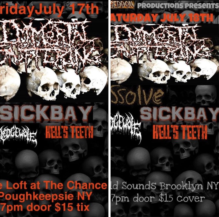 sickbaymetal's tweet photo. Retun to live metal shows July 17th at The Loft @TheChanceComplx in PK and July 18 @goldsoundsbar in Brooklyn an @armaproduct with @immortalsuffer @SledgeWolf #HellsTeeth &amp; in Brooklyn #Dissolve the Heavy will return with this Brutality 🤘🏻💀🤘🏻#NYDM #Metal #deathmetal #Brooklyn https://t.co/3R0SwdCPj6