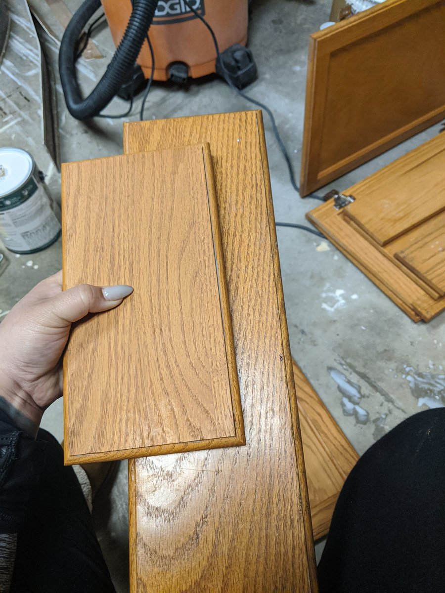 Katrina_Rie's tweet photo. Klean strip Liquid sandpaper. Seriously after one coat of just rubbing it on with a towel it's de glossed and rough enough for paint. Top panel is after one coat compared to original (bottom) So easy. Next up Behr cabinet enamel!!!! #homedepot #diy #cabinetupdate #kleanstrip https://t.co/LxFqULzCSD