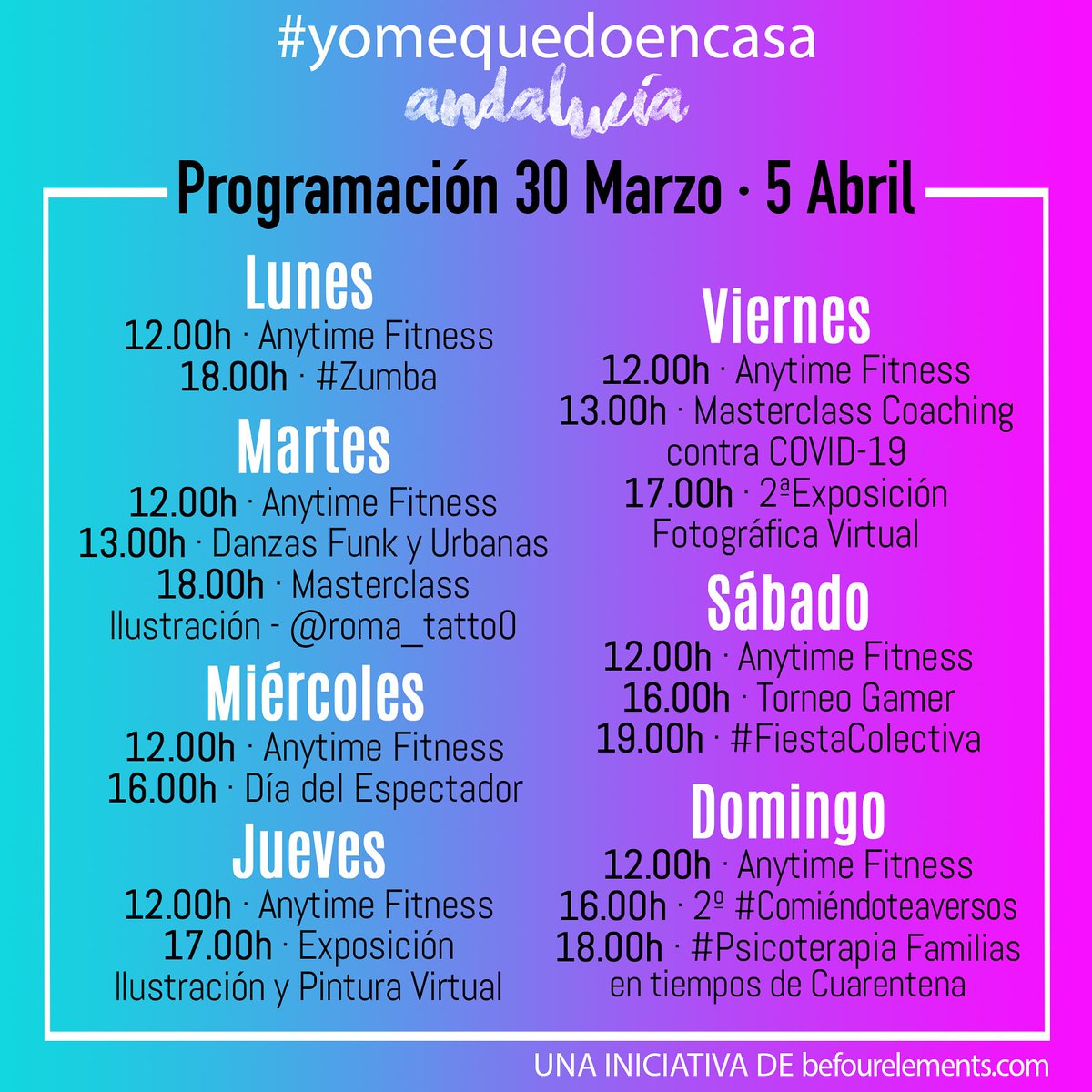Mequedoncasa's tweet photo. 📣 Programación 30 Marzo • 5 Abril 📣
La programación de esta semana nos tiene loc@s😱
➡️Deporte, Baile, Masterclasses, Cine, Exposiciones, 2.ª Edición #Comiéndoteaversos, 3.ª Edición #Fiestacolectiva y Torneo Gamer !!🤩🥳
🕠Estáis preparad@s?? 
¡Vamos!👑🦠👊🏻 https://t.co/iGwwAvzB0H
