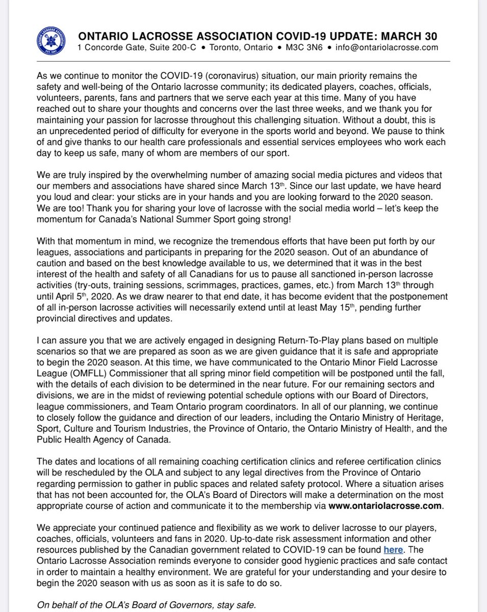 Please take a moment to read the statements from the OMFLL and OLA with regards to the 2020 season. 

The OMFLL hopes everyone is safe and healthy and continues to keep their stick in their hands!