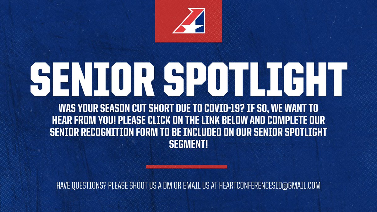 TheHeartConf's tweet photo. 🚨 CALLING ALL LATE-WINTER &amp; SPRING SENIORS 🚨

Was your senior season cut short by the COVID-19 pandemic? If so, please consider clicking the link below and completing our senior recognition form so that we can share your experience!

🔗 https://t.co/5qH1j9uRb9 https://t.co/ZRInGYA3fr