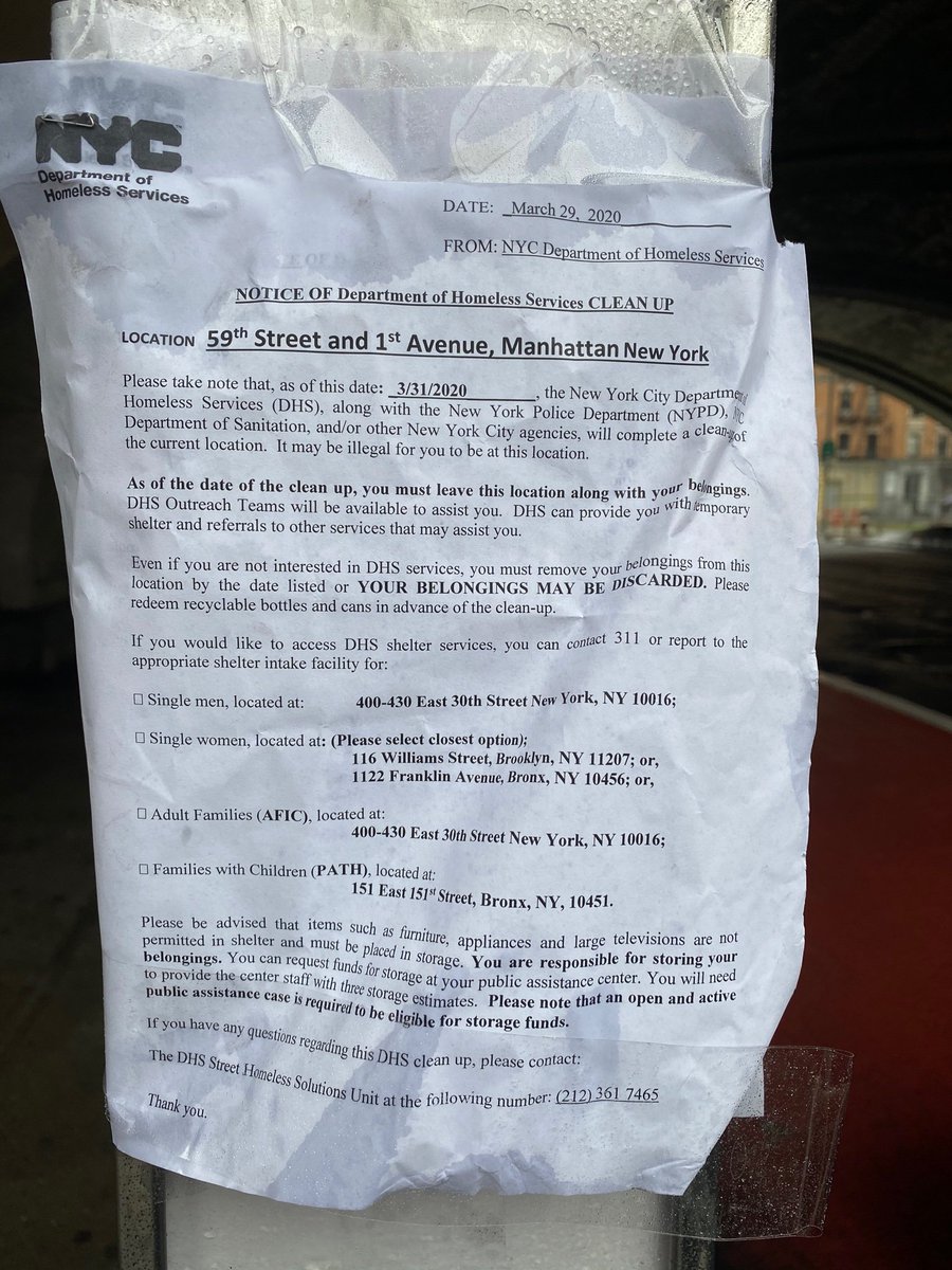 While homeless NYers struggle to survive COVID19 with no resources or support, @NYCDHS and @NYCMayor have found a way to make their situation even more impossible. **Allies: if you see a notice like this, please take a photo & let us know.** #SweepWatch #HomelessCantStayHome