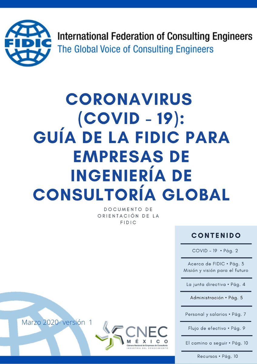 #COVID19 | La Federación Internacional de Ingenieros  Consultores (<a href="/FIDIC/">FIDIC</a>) dio a conocer una guía para orientar a sus asociaciones y firmas consultoras de #Ingeniería y empresas consultoras en general.
La guía incluye un mensaje del presidente de #CNEC 👉 zurl.co/zzAk