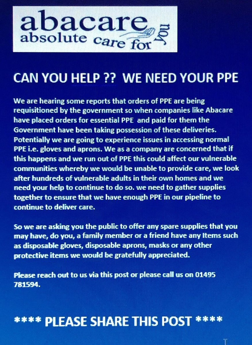 Please can anyone help and support with any spare PPE to help keep our carers safe while supporting vulnerable people to stay in their own homes, you can DM me for any further information. Thanks in advance xx