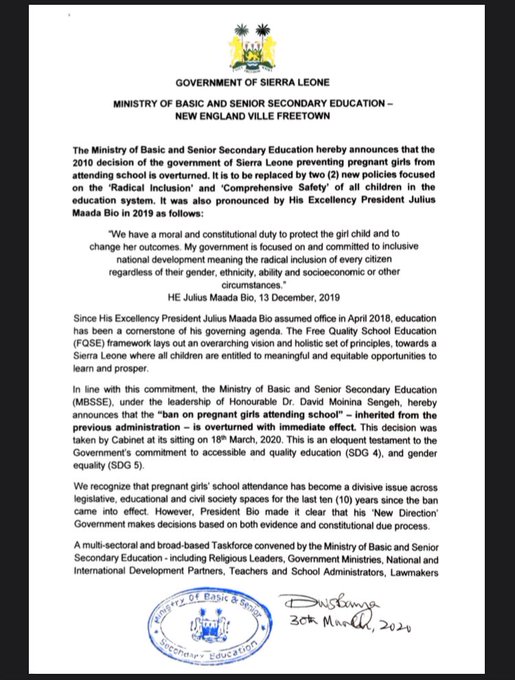iAlen's tweet photo. #SierraLeone: The Ministry of Basic and Senior Secondary Education hereby announces that the decision preventing #PregnantGirls from attending schools is HEREBY OVERTURNED.
#RadicalInclusion #ComprehensiveSafety
HUGE MILESTONE #Tanzania je?
#ArudiShule #ElimuBilaUbaguzi https://t.co/QfoRIaCKxs