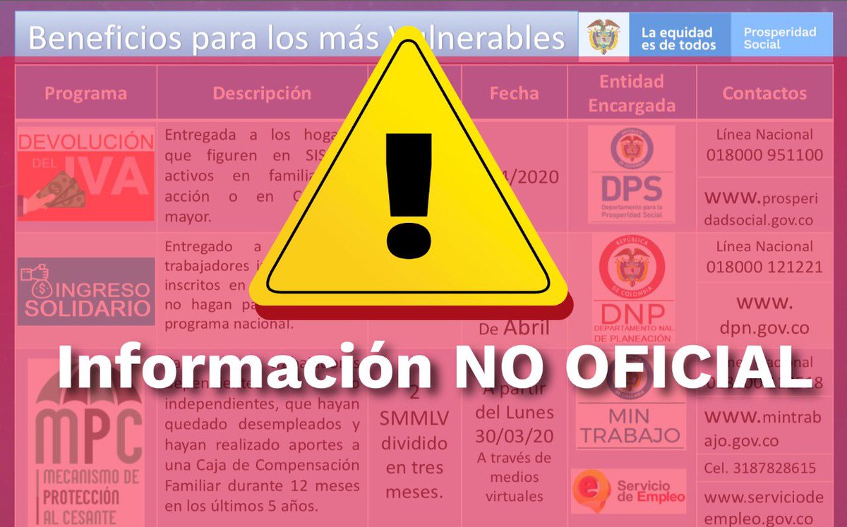 infopresidencia's tweet photo. #Atención | Beneficiarios de los programas sociales del Gobierno nacional, ciudadanía en general y medios de comunicación. Están circulando estas piezas vía digital, las cuales contienen información no oficial. Los invitamos a consultar las fuentes oficiales de cada entidad. https://t.co/8W5BloPFFR