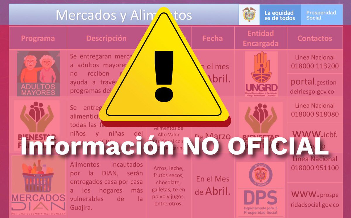 infopresidencia's tweet photo. #Atención | Beneficiarios de los programas sociales del Gobierno nacional, ciudadanía en general y medios de comunicación. Están circulando estas piezas vía digital, las cuales contienen información no oficial. Los invitamos a consultar las fuentes oficiales de cada entidad. https://t.co/8W5BloPFFR