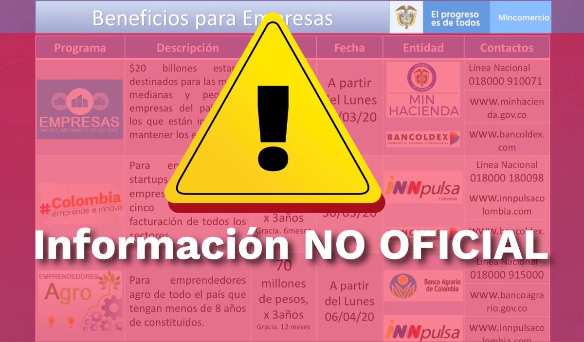 infopresidencia's tweet photo. #Atención | Beneficiarios de los programas sociales del Gobierno nacional, ciudadanía en general y medios de comunicación. Están circulando estas piezas vía digital, las cuales contienen información no oficial. Los invitamos a consultar las fuentes oficiales de cada entidad. https://t.co/8W5BloPFFR