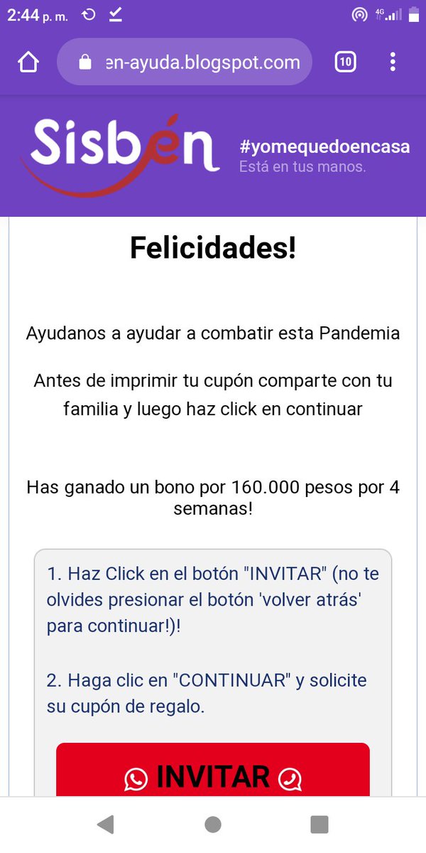 LuzD_Angel's tweet photo. @NoticiasCaracol Está circulando en WhatsApp... Ojo... Es falso!!! 
Rápido, El Sisbén está dando un cupón por 160.000 por 4 semanas por la crisis del Coronavirus, entra aquí: https://t.co/xTdyWMgERC https://t.co/Fo0xC9dyxv