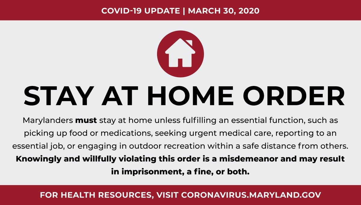 GovLarryHogan's tweet image. Today I issued a Stay at Home directive to help prevent the spread of #COVID19 in Maryland. This is a deadly public health crisis—we are no longer asking or suggesting that Marylanders stay home, we are directing them to do so. governor.maryland.gov/2020/03/30/as-…