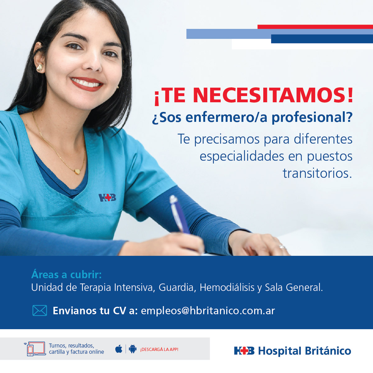 Htal_Britanico's tweet photo. Queremos incorporar enfermeros/as profesionales para diferentes especialidades en puestos transitorios.
Requisitos e información: Ingresá a https://t.co/cgx8oTI5PZ

Turno mañana, turno tarde y turno noche.
¡Gracias por ayudarnos!

#Hospital #HospitalBritánico #BusquedaLaboral https://t.co/hklLBgmree