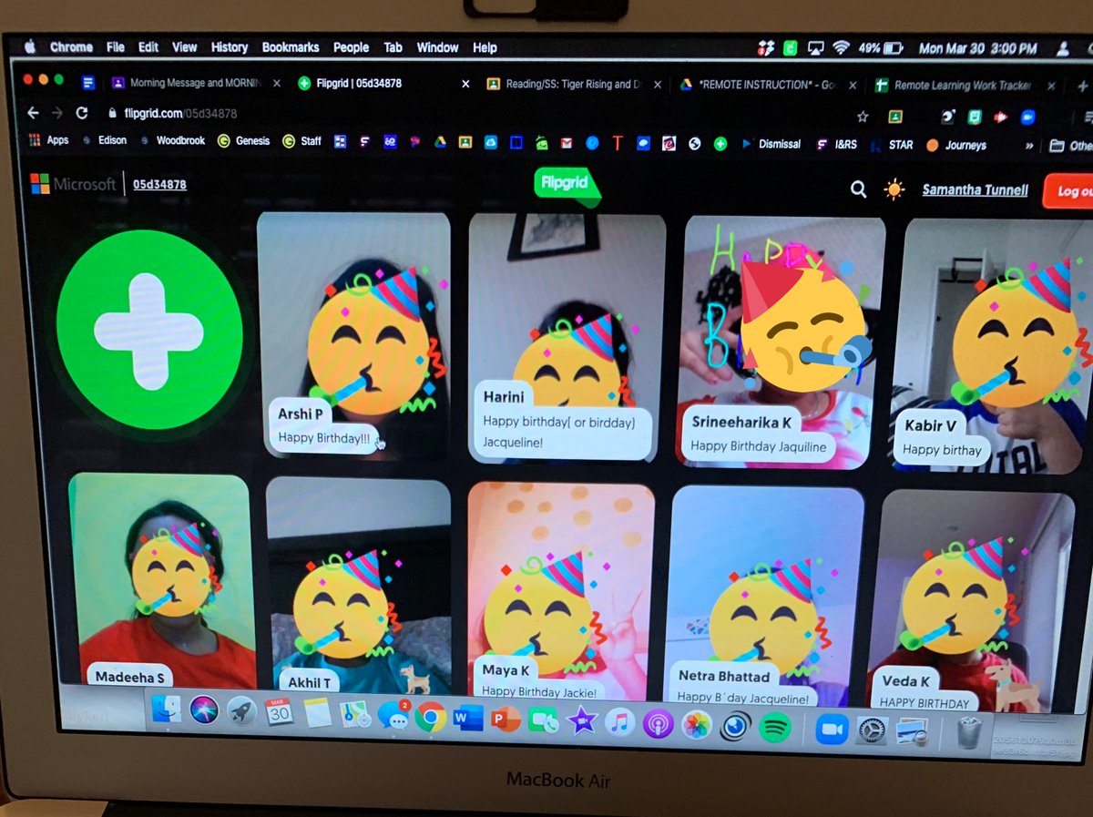 MissTunnell's tweet photo. Our Room 138 family came together to make sure our Birthday Girl had a great day today! We left her some birthday  flipgrid messages and had a class meeting to sing to her! I hope she felt the virtual love from her classmates! @WoodbrookSchool #shinebrightedison https://t.co/sa7jIketCu