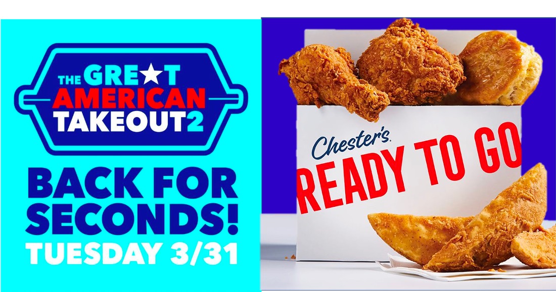 ChestersIntl's tweet photo. It’s time to come back for seconds! Join #thegreatamericantakeout tomorrow, March 31st, and choose Chester’s for takeout from any of our locations. Check your local Chester’s for their specific offerings.
#ChestersChicken #OpenForChicken https://t.co/BLZG5P6ucA