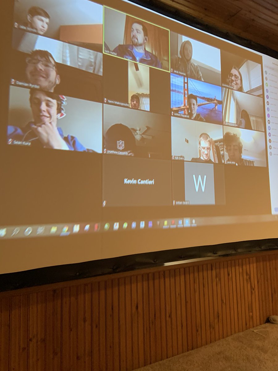 Mr_Hettel's tweet photo. Borrowed Emmett and Oakley’s Christmas present (outdoor screen and projector) for Zooming with my class today! It was awesome to see everyone and doing an additional Zoom on Friday, per the students request. @KnightsofPHS @District214 https://t.co/hDKtGWKzl5