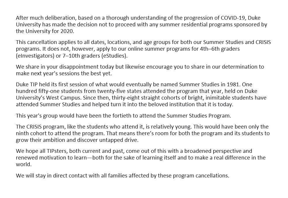 Update on Duke TIP's summer residential programs: