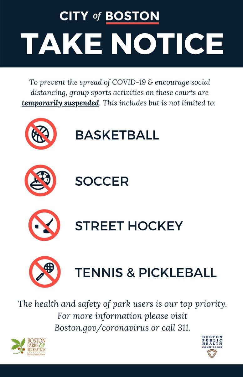 UPDATES ON OPERATIONS: 3/30/2020 

To prevent the spread of COVID-19 and encourage social distancing, group sports activities on fields and courts are temporarily suspended.

Please review our service changes page for the latest info: boston.gov/news/coronavir…
