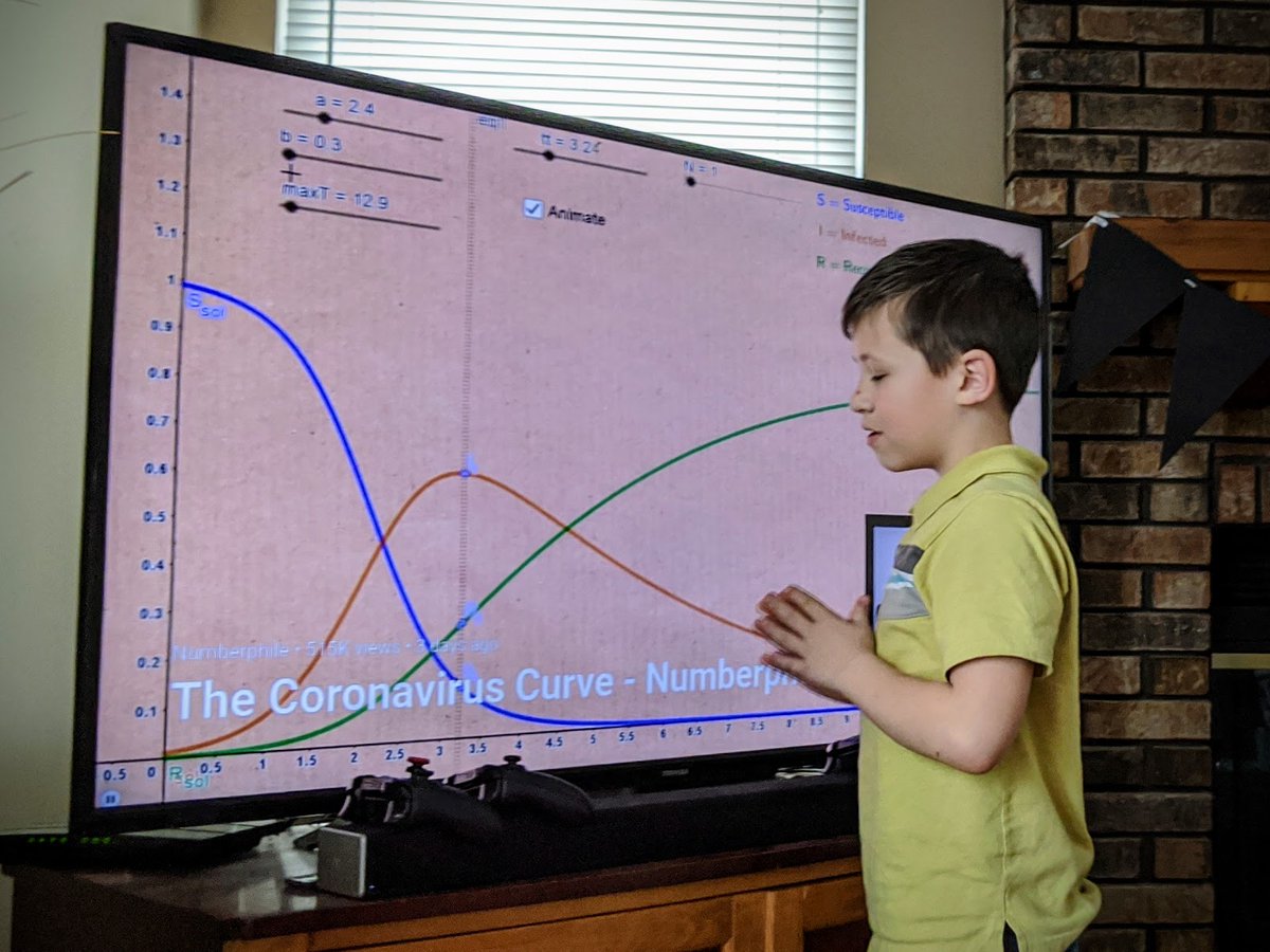 fatheringthree's tweet photo. The kids followed along on their own laptops with @Numberphile using the free @GeoGebra software to create an SIR model and forecast the spread of infectious disease. Serious fun.

https://t.co/lLHZtzvN2v https://t.co/FRHuST4OCV