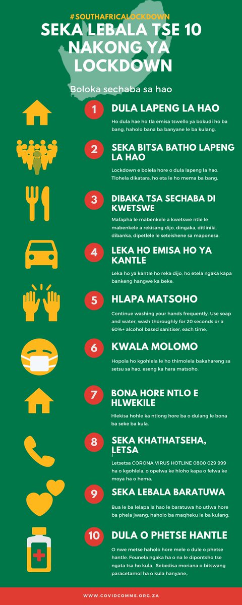 Mobilize_ZA's tweet photo. Our Sesotho translating team has translated graphics of the lockdown family plan, and 10 rules for the 21 day lockdown. Distribute to your family members that speak Sesotho. https://t.co/YT0hIkqkNM