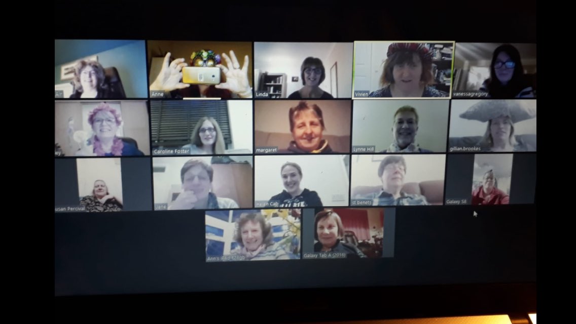 MinervaChorus's tweet photo. We can’t have our usual Monday night rehearsal atm but we managed to get together online for a lovely catchup. Sharing a few funny stories &amp; snippets of news cheered us up - along with a little bit of singing. 🎶 Strange not to hear everyone together tho!🙁#StayAtHomeAndStaySafe https://t.co/5lys3zkMGz