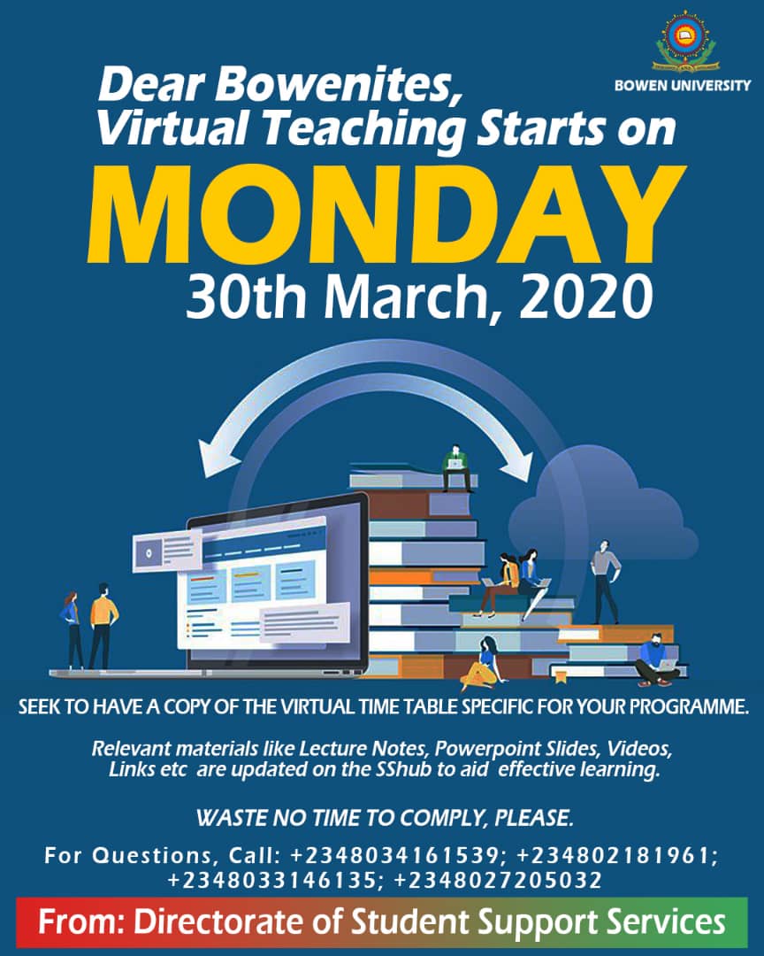 VCBowenuni's tweet photo. LEARNING NEVER STOPS. While We've urged our students to #StayAtHome, I'm glad to inform the world that learning continues via our digital platforms. Kindly visit https://t.co/PiQHjzIL0P for further details. https://t.co/A15ZsQeV2U