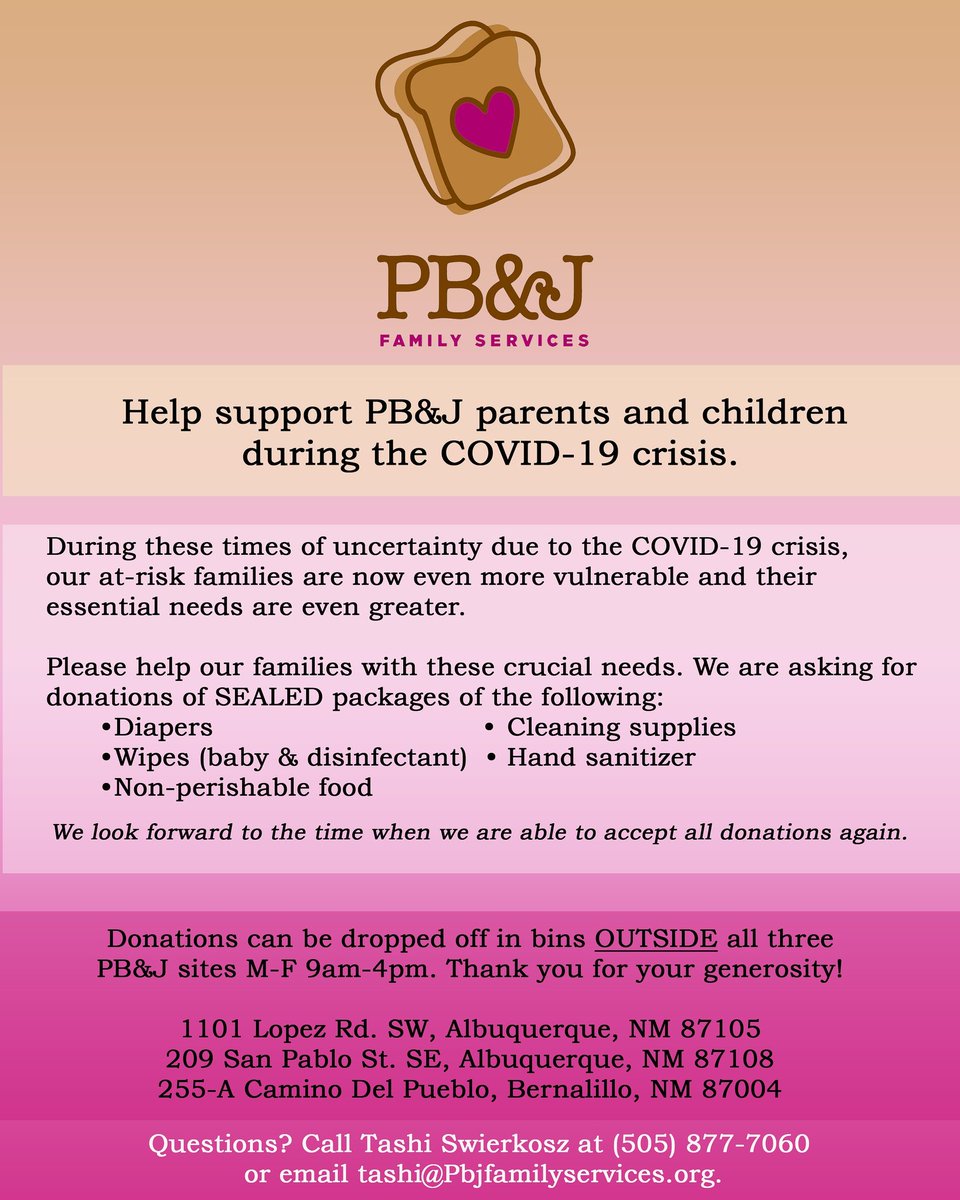 PBandJFamily's tweet photo. We need help from our community now more than ever. 🙏🏼 #supportabqfamilies #supportbernalillofamilies #covid19support #callforsupport #centralnewmexico #coronavirus #inkindsupport #Philanthropy #community #nm #livinginthedaysofcorona #bernalillo #ChildAbusePrevention https://t.co/Ui9vTTD2be