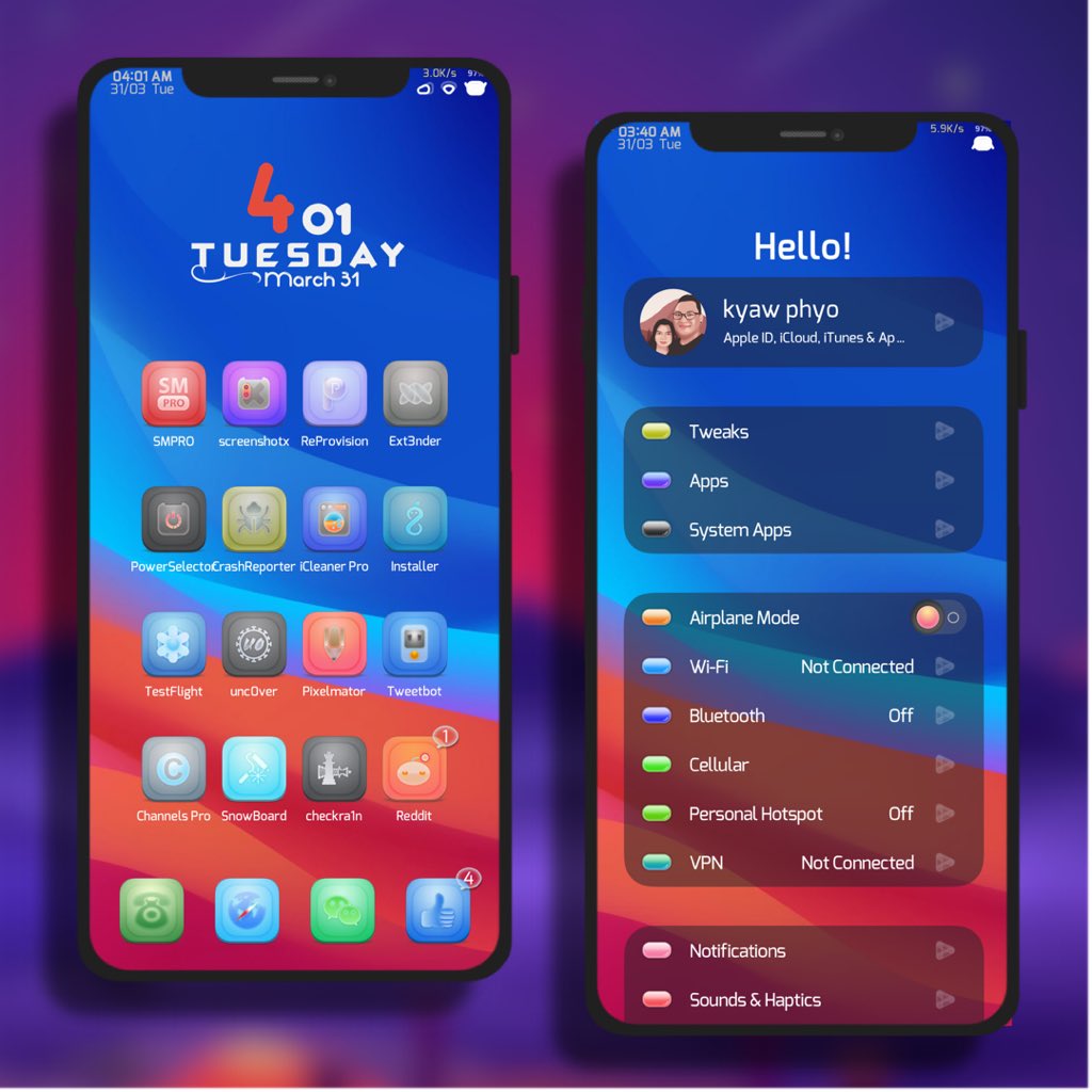 kyawthihaphyo's tweet photo. Made some icon, UIKnob &amp; Next tab for my next #Color_Glow 
#Widget_LPP @JunesIphone 
#Statuabar_icons @xxSomnus 
#Bettersetting @MidnightChip 
#ScreenshotX @JunesIphone 
#iThemer @DODGraphics 
Thanks all creators 🙏🏻 https://t.co/Wia4kqiZzd