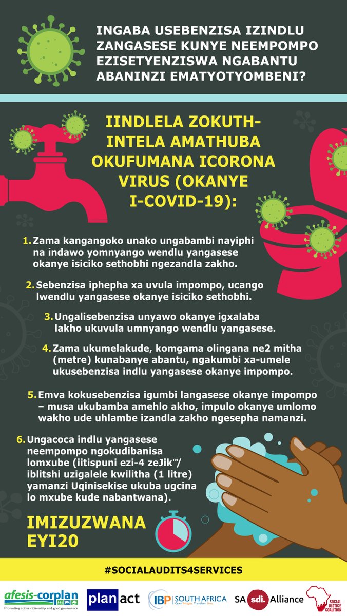 Mobilize_ZA's tweet photo. Do you use shared taps and toilets in an informal settlement? Here are tips on how to stop the spread of covid-19, in 4 languages: English, Afrikaans, IsiZulu and IsiXhosa https://t.co/CZ78tf0dGl