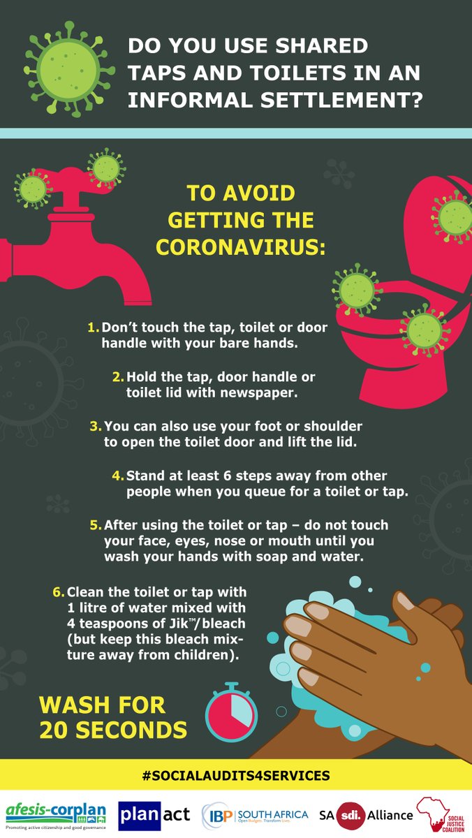 Mobilize_ZA's tweet photo. Do you use shared taps and toilets in an informal settlement? Here are tips on how to stop the spread of covid-19, in 4 languages: English, Afrikaans, IsiZulu and IsiXhosa https://t.co/CZ78tf0dGl