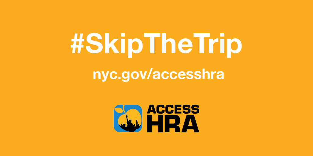 NYCHRA's tweet photo. To help stop the spread of COVID-19, many HRA locations are consolidating until further notice. We are asking New Yorkers to do everything they can through #AccessHRA or by calling 311. #SkipTheTrip https://t.co/AUdA9998tu