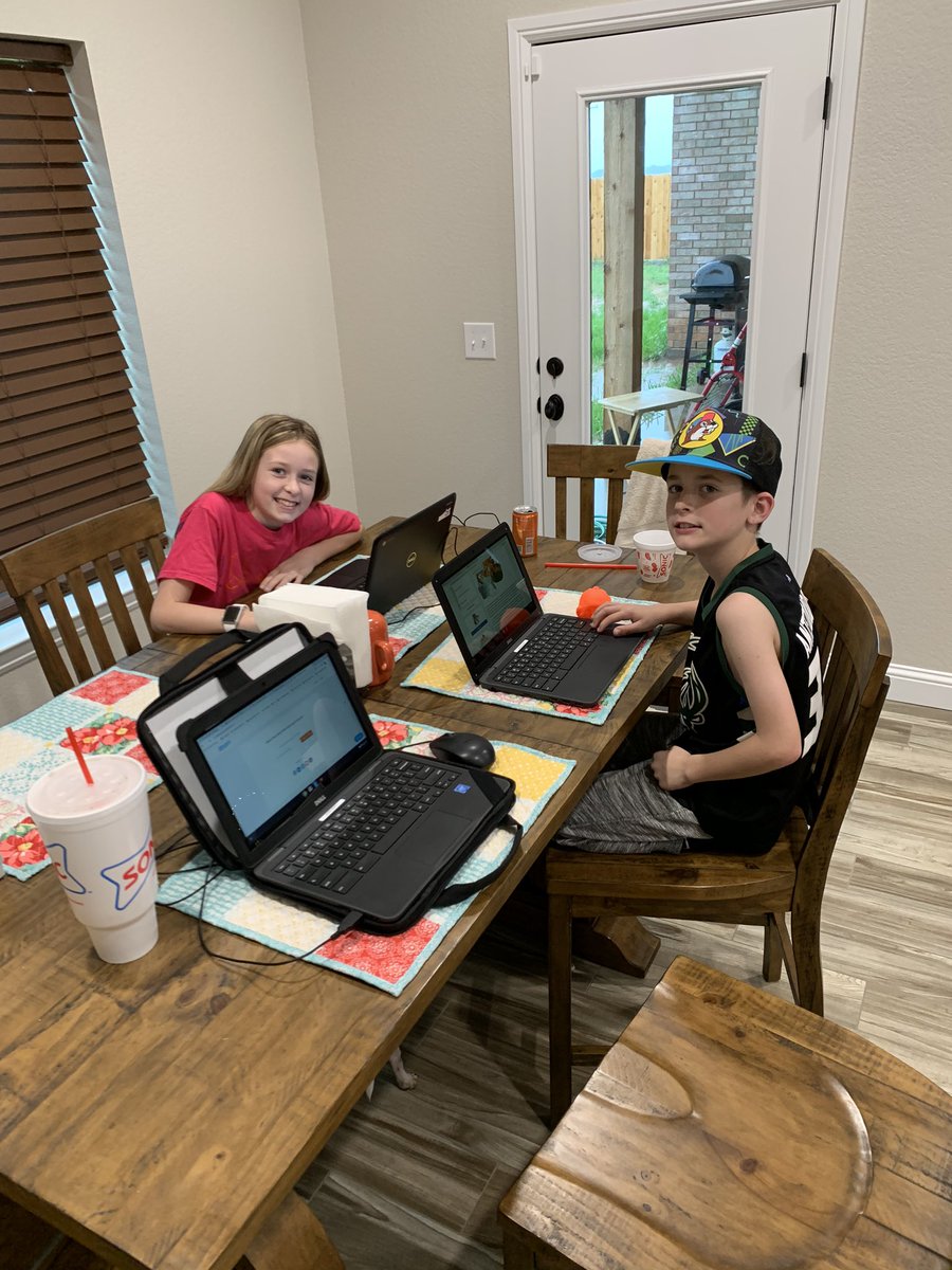 kevinhunter24's tweet photo. We made it through day one of #burkmsvirtualspiritweek .  When both of your parents are “essential” employees of a school district, you get a late start for school.  #makeitworkmonday
@burkburnettisd https://t.co/xn2zvS6laB