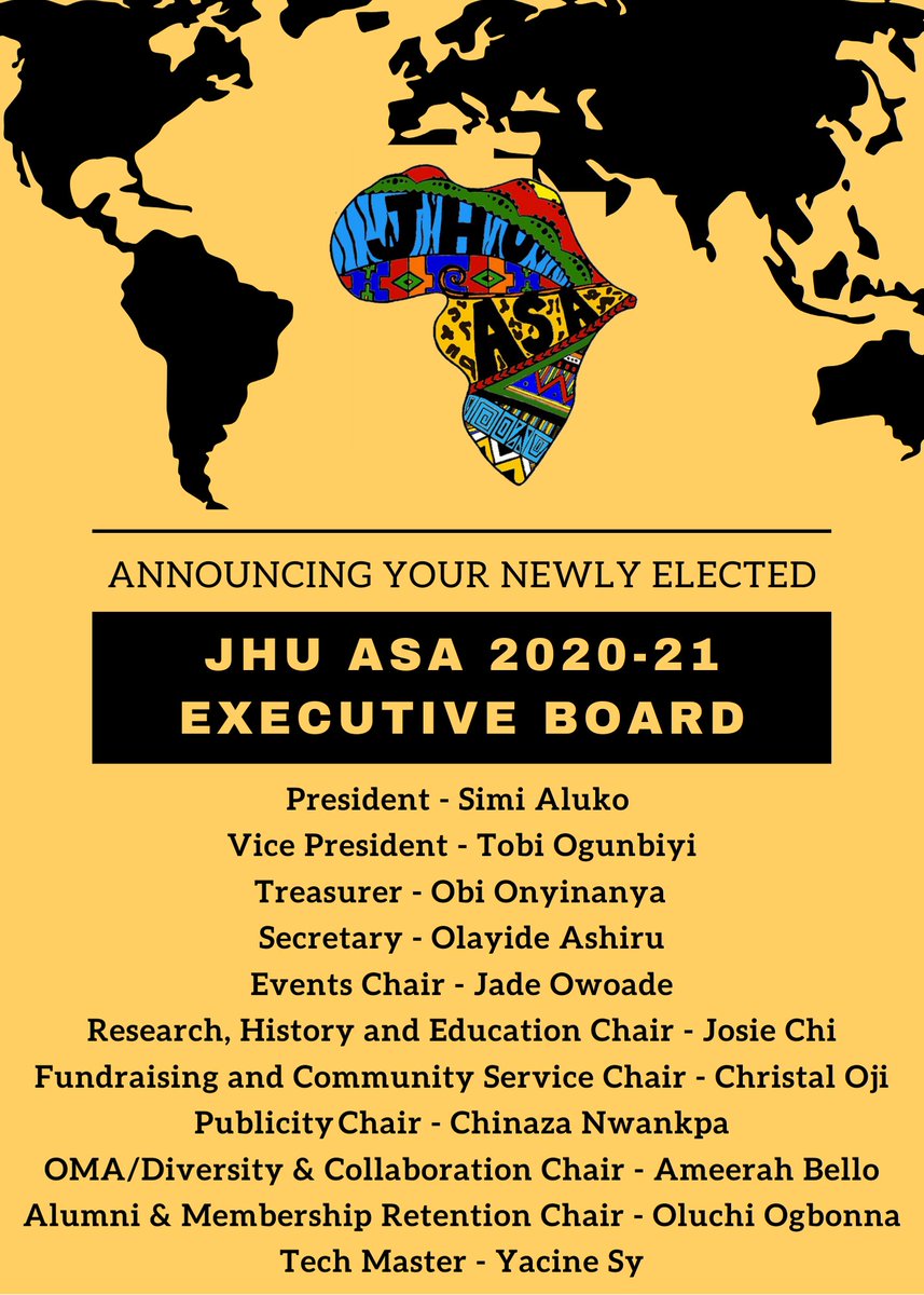 JHUASA's tweet photo. Congratulations to the newly Elected ASA E-Board for the 2020-21 School Year! We are excited to see what you have in store for ASA in the upcoming year! 💛 https://t.co/GVEcgjHFbw
