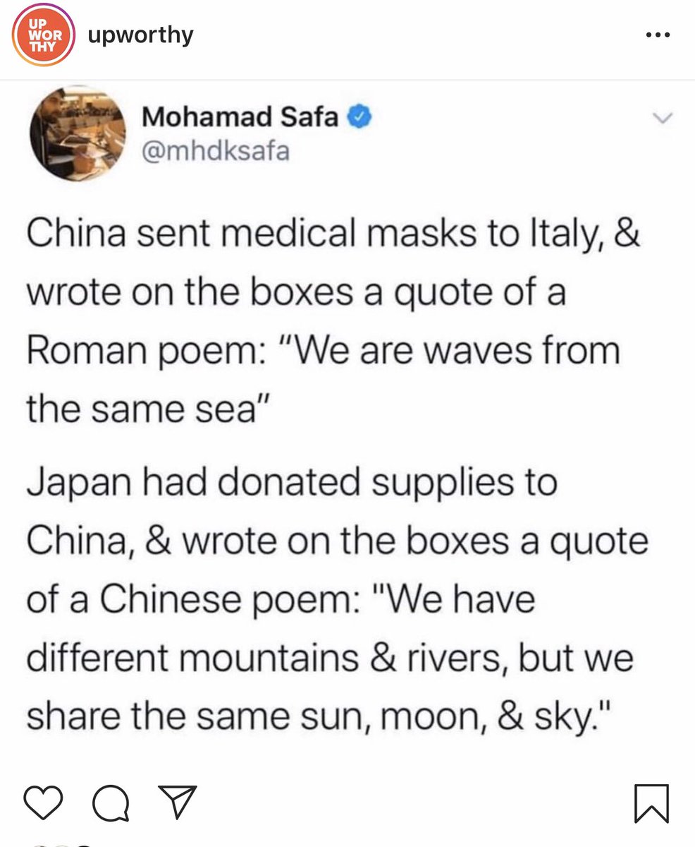 This is the time for us to put aside ethnicity, greed, and our personal differences. It is no longer about the war between humans, this is about humanity against a virus. Part of our success lies in the unity between countries and in our communities. 💞