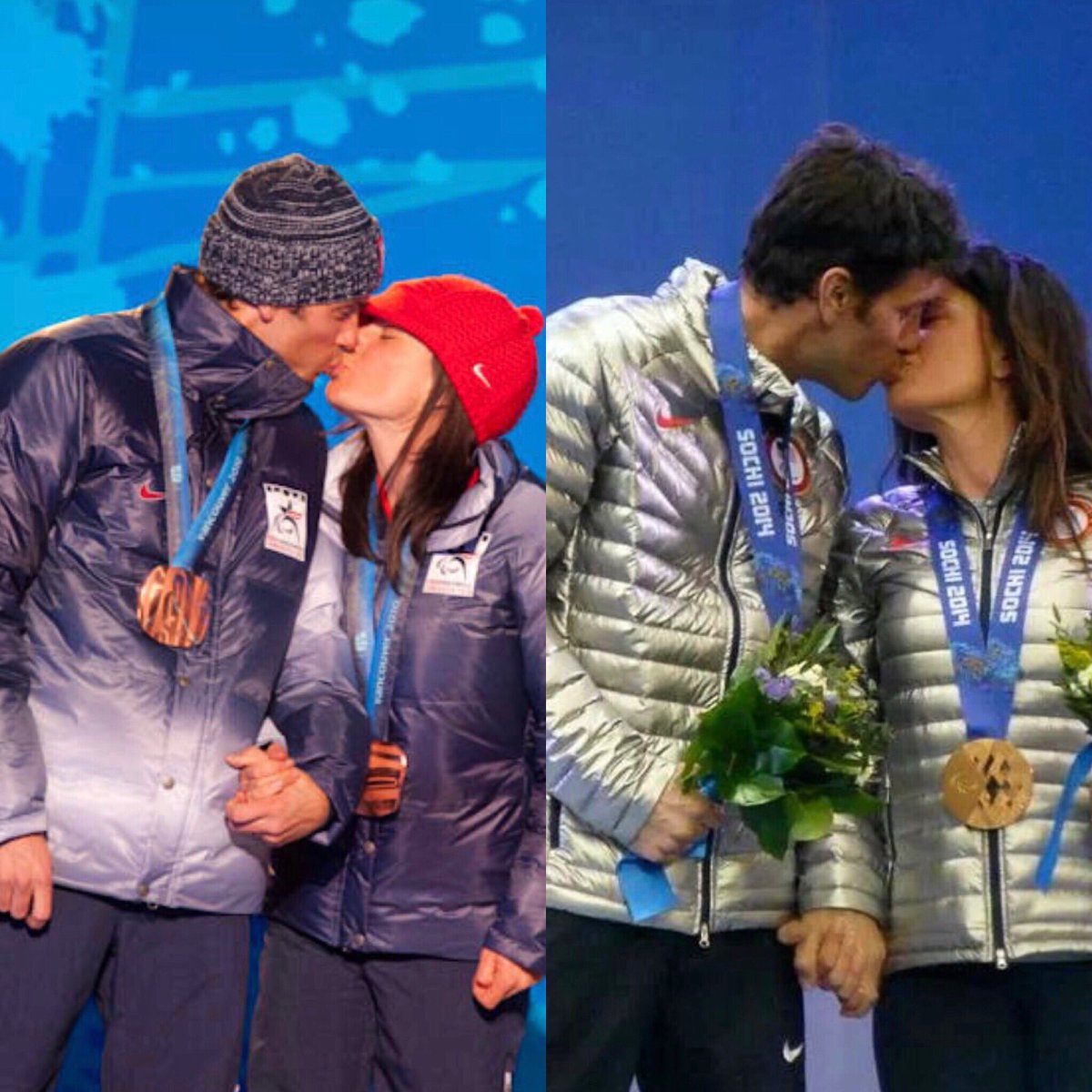 Sharing the love! These photos are of Rob and I kissing on the podiums of the 2010 and 2014 Paralympic Games. Using some of this downtime to look back on great memories.⛷❤️ #spreadlove #staypositive