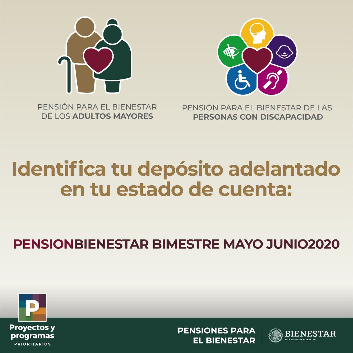 El #Bienestar de las personas #AdultasMayores y #PersonasConDiscapacidad es nuestra prioridad.

Adelantamos el pago de los #ProgramasBienestar como una contribución para su tranquilidad ante la contingencia.

#QueremosBienestar