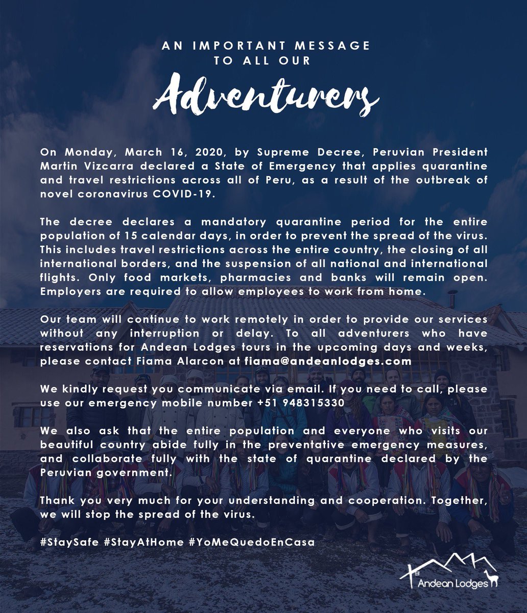 An important message from Andean Lodges to our family of adventurers all around the world.
#StaySafe #StayAtHome #YoMeQuedoEnCasa