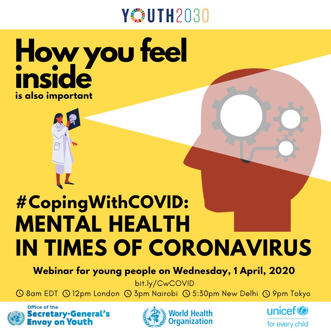 UNYouthAffairs's tweet photo. Do you feel -

🥱Bored being stuck at home?
😢Lonely in self-isolation?
😰Anxious being overwhelmed by news on #coronavirus?

Join my #CopingWithCovid webinar on 1 April with @UNICEF &amp; @WHO to learn more about mental health in the time of #COVID19!

🔗 https://t.co/jPIIYFzumj https://t.co/ePDGRwne2O