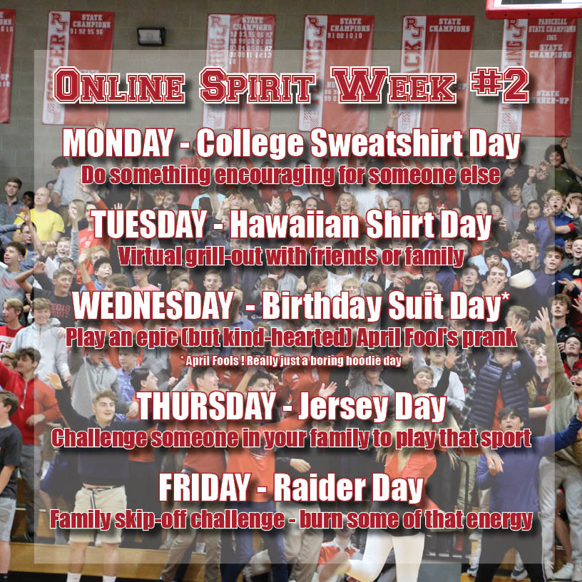 RegisJesuitHS's tweet photo. Online #RJSpiritWeek continues this week with more theme days and fun at-home activities to engage in. Remember to send photos in to studentlife@regisjesuit.com for a chance to get in the FIZZ! #RJLife #RaidersTogether #RJAnywhere https://t.co/eCPHMQR7vn