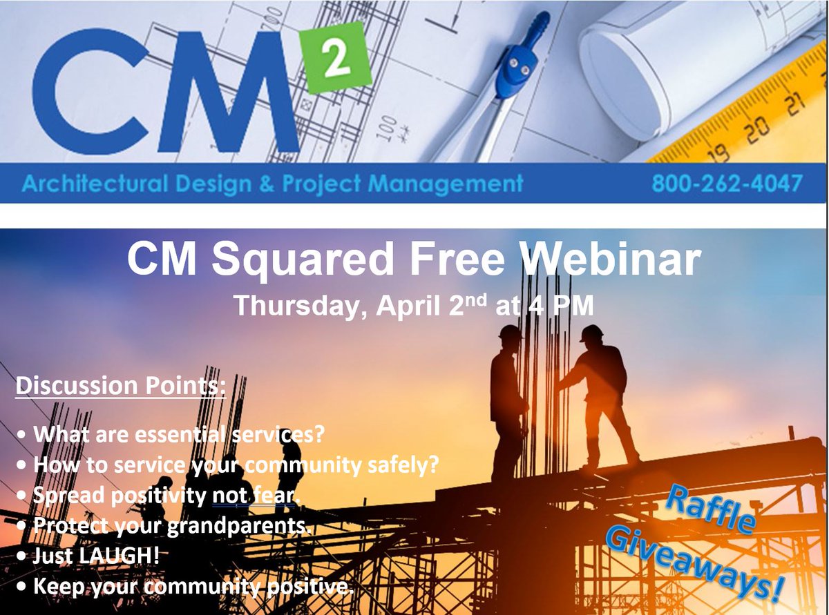 CM2Tweets's tweet image. Join CM Squared for our FREE Webinar on Thursday, April 2nd at 4 PM (Join Meeting: zoom.us/j/3196585588). We will be going over how to work safely during this trying time. Nothing is more important than the health and safety of our customers, employees and vendors.
